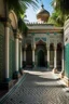 Placeholder: The intricate architecture of the Bahia Palace in Marrakech. Detailed, hyper realistic depiction. Elaborate tile work, carved cedar ceilings, and marble columns show off the grandeur of Moroccan architecture. A central courtyard filled with lush gardens adds a splash of green to the scene.