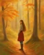 Placeholder: A young girl with long hair and autumn clothes in the autumn forest, beautiful portrait painting style, oil pastel painting, by Thomas Kinkade