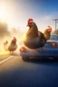 Placeholder: chickens in a car race, high speed, motion blur, smoke, 4k, downlight, soft light, depth of field, photorealism, trending on art station