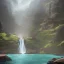 Placeholder: waterfall with river, stones, rich detail, on rock pillar, lake in front, hogwarts, mist, lumen reflection