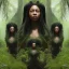 Placeholder: 4K. Ultra real photo.three black women. Three Dark skin black women .three women. A mother. Two daughter. Twins. A mother with her children. three young black women. wood nymphs emerging from the forest. Her hair looks like vines. Dreadlocs. Her skin is the colour of dark soil. Her skin looks like tree bark. Her clothing is made of vines, grass and leaves.