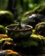 Placeholder: focus on a burning bowl of resin incense on a mossy rock with a jungle setting. hyperreal focus on winding smoke patterns, moisture in the air and condensation droplets on the leaves, create a warm atmosphere