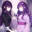 Placeholder: Clear focus, High resolution, Rough line, dark purple hair, one side has long wavy locks while the other does not, purple eyes with pink at the bottom, light purple shirt, sleeve_1-short sleeved, sleeve_2-long sleeve, sleeve_2 has black long sleeve under sleeve_2, wearing a kimono with a red obi belt, wearing a light purple short skirt and long black socks, and red sandles