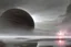 Placeholder: grey sky, planet in the sky, puddle, sci-fi, landscape, mountains, galactic cosmic influence