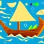 Placeholder: Legend Of Zelda: Wind Waker style Small wooden ship, with bright sails, on a vast ocean, stylized, celshaded, colorful, adventurous, full view.