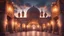 Placeholder: Hyper Realistic Photographic-View of Beautiful Moorish Architecture decorated with garland-lights-&-lamps at cloudy sunset showing dramatic & cinematic ambiance