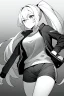 Placeholder: blonde girl with ponytails dressed in a jacket and shorts makes her way in the dark with a flashlight, greyscale