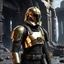 Placeholder: star wars bald male corellian pilot wearing pearlescent black and gunmetal grey First Order special forces heavy assault stealth commando armor and helmet with gold trim inside the jedi temple, hyperdetailed, dynamic lighting, hyperdetailed background, 8k resolution, volumetric lighting, light skin, fully symmetric details