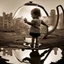 Placeholder: A teapot is shining and a laughing child is looking at it. The child’s image is reflected inside the teapot and behind the child is the reflection of a destroyed city.