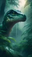 Placeholder: photoreal raptor with glowing eyes in a misty green rain forest at dawn