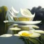 Placeholder: House by a lake water plants and yellow flowers Zaha Hadid style white ink art creamy glasses creative hyper-detailed 8k