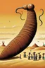 Placeholder: giant worm with pepe on the top smoking in the desert with small people around n the style of Hiroshi Nagai