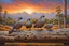 Placeholder: : A family of California quail (Callipepla californica) is out walking near an old log set against a colorful sky with clouds. The nature scene shows both the male and female both care for their offspring and takes place in nature with clean air, beautiful scrubs at the edge of a forest. Modifiers: elegant intricate beautiful award winning fantastic view ultra detailed Robert Bateman Carl Brenders Flo 'n Images Nancy Kaestner Hendry