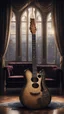 Placeholder: Hyper Realistic extremely-fancy-guitar standing on a floor of a fancy castle lounge with beautiful windows & velvet-curtains-with-musical-notes-printed-on-curtain at dark night with dramatic-&-cinematic-ambiance