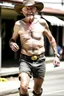 Placeholder: Bare runner drunk old cowboy in pants