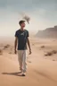 Placeholder: A 25-year-old boy in a men's sports t-shirt is walking in the desert thinking with his head down, smoking a cigarette, and possessing the power of a god