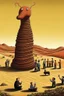 Placeholder: giant worm with pepe on the top smoking in the desert with small people around n the style of Hiroshi Nagai