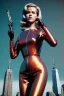 Placeholder: Ultra Realistic retro sci-fi portrait New York image from 1960, many spaceships, sweet young Jane Fonda, tight latex suit, weapon, fighting stance, soft color, highly detailed, unreal engine 5, ray tracing, RTX, lumen lighting, ultra detail, volumetric lighting, 3d, finely drawn, high definition, high resolution.