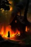 Placeholder: In the heart of a dense, ancient forest, a medieval cottage stands engulfed in flames, its timeworn timbers crackling and sending plumes of smoke into the sky. In the foreground, a mysterious woman in silhouette stands, her figure outlined by the fiery inferno behind her. Write a scene that unveils the secrets hidden within this blazing spectacle and explore the emotions coursing through the woman as she watches her home succumb to the relentless fire.
