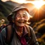 Placeholder: an old woman with big smile go hiking and see the sun rise