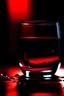 Placeholder: REALISTIC. BLACK RED ON GLASS AND RED WATER. CLOSE UP. Blury DARK room BACKGROUND. REALISTIC