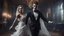 Placeholder: Hyper Realistic close-up-view-of-handsome-muscular-man-in-black-tuxedo dancing with a beautiful-ghost-of-a-women-in-torn-white-gown inside a super-dark-fancy-hall-of-a-mansion with creepy flying-ghosts behind showing dramatic & cinematic ambiance