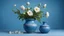 Placeholder: Background: Create a uniform blue background that serves as a backdrop for the scene. The blue should be a soothing shade, without any distractions or patterns. Pot and flower: In the center of the image, depict a pot or vase that stands out against the blue background. The pot should be sturdy and well-defined, with visible details such as texture and color variations. Exotic flower: Inside the pot, place an exotic flower that catches the viewer's attention. Choose a flower with vibrant color