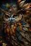 Placeholder: Beautiful owl bird portrait, extremely textured palimpsest art nouveau feathers adorned with shamanism aate and azurit ribbed headress wearing palimpsest art nouveau jewellry naeklace and costume organic bio spinal ribbed detail of palimpsest autumn leaves art nouveau floral embossed extremely detailed hyperrealistic owl bird portrait art