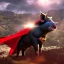 Placeholder: pig wearing a superman cape, zombies that climb up a mountain in the background, realistic, movie style