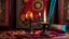 Placeholder: black fire flame in an antique candlestick, which is in front of an oriental background, oriental colors and objects, in the background blur pillows on the floor, and colorful scarves hanging from the ceiling, the sharp focus is on the black flame, high realistic photo