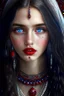 Placeholder: Russian gypsy girl, age 20, beautiful blue eyes, long curvy hair, maroon lips, middle eastern skin, black dots on middle of forehead, innocent look, silver ornaments, portrait, detailed