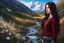 Placeholder: country side ,blue sky , snow on mountains, pretty clouds ,small rocky river with clear water small rocks in floor,wild flowers,beautiful Snow White, long shiny black curvy hair, wearing a burgundy sweater with the word TURK GIZI written on it, in gold, work clothes, standing, super realistic Fairy lights, intricate detail, texture, depth, vividness, movement, namex, energy, bioluminescence, stunning, epic, ultra-detailed, 8K photography by Miki Asai Macro, close-up, extremely detailed, pop