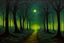 Placeholder: Trees, night, pathway, 2000's scifi movoes influence, ernest welvaert impressionism painting