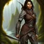 Placeholder: dungeons and dragons, female wood elf, druid, brown hair, brown eyes, full body, realistic face, short hair, large nose, closed mouth, leather armor, dark skin, one person, blue scarf