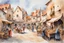Placeholder: watercolor painting of a busy market square in a medieval village. bright