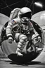 Placeholder: close side view of An astronaut sitting on a large steel ball.floating in the air, wide legs, holding on to the chain