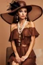 Placeholder: full body beautiful girl, elegant brown lace clothes of the 80s, luxury style, small elegant hat with feather, hair of the 80s, pearl necklace, earrings masterful, beautiful face