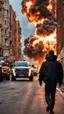 Placeholder: Man in a black bomber jacket, back to the camera, looking down a street, watching an explosion of fire and lights in front of him.