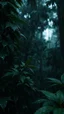 Placeholder: a dramatic scene in a dense forest under the rain. The background should feature raindrops falling around the leaves.