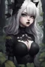 Placeholder: CAT GIRL, goth, forest, nature, cartoon, leaves, half black half white hair, boobs