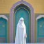 Placeholder: woman in flowing, white burka standing in front of a mosque with blue, green, gold mosaic walls, high-quality, fine-detail, intricate, ornate, volumetric lighting, 8k resolution, haunting, powerful, photo-realistic, 3d render, photo-quality, high-quality