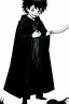 Placeholder: 7 year old boy, necromancer, friendly, looks dead,with a long lamprey emerging from his bellybutton, wearing black robes, with the lower body of a ghost in the style of Harry Clarke