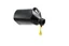 Placeholder: whole bottle(black plastic, generic motor oil) floating in middle of image, on it's side pouring(oil) out of the opening. white background, Smooth vector