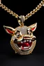 Placeholder: A gold chain with an iced out pumbaa sitting pendant, eyes should be ruby red and fangs in gold