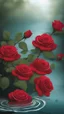 Placeholder: The image is a digital artwork that depicts a green branch of red tree of Red roses and red leaves tangling in to a water in the river with aThe rose floats on the surface of the water, creating a wave-like effect. The background is red , which makes a branch of a tree of red roses stand out even more. Water droplets are scattered adding to the dreamy, ethereal quality of the image.all leaves and background are black