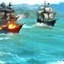 Placeholder: Two pirate ships fight each other at sea. Firing cannons. One ship is hit and burns after being hit.
