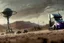 Placeholder: A Tesla 'Semi' (semi truck) is parked, in the battle against Martians of "The War of the Worlds". (CINEMATIC, WIDE ANGLE LENS, PHOTO REAL)