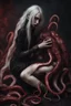 Placeholder: blood, goth woman, leaning pose, full body, squid, octopus creepy, horrifying, sinister, sparks out her mind, 8k, macro photography,