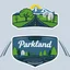 Placeholder: logo for a shop that installs tires and does oil changes, top has elements of beautiful park highway drive on flat land with elm and poplar trees, bottom shows the engine under car hood. on windshield is written "Parkland", all inside a shield shape with squared top and rounded bottom, in the style of national parks stickers