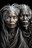 Placeholder: a photo of an Bushmen man and woman with ethnic jewelry, grey hair and grey flowing robe, in style of Annie Leibovitz, contemporary portrait of a mature yet beautiful and modernist, black and grey, detailed face, swirling fluid smokey enigma, award-winning artwork